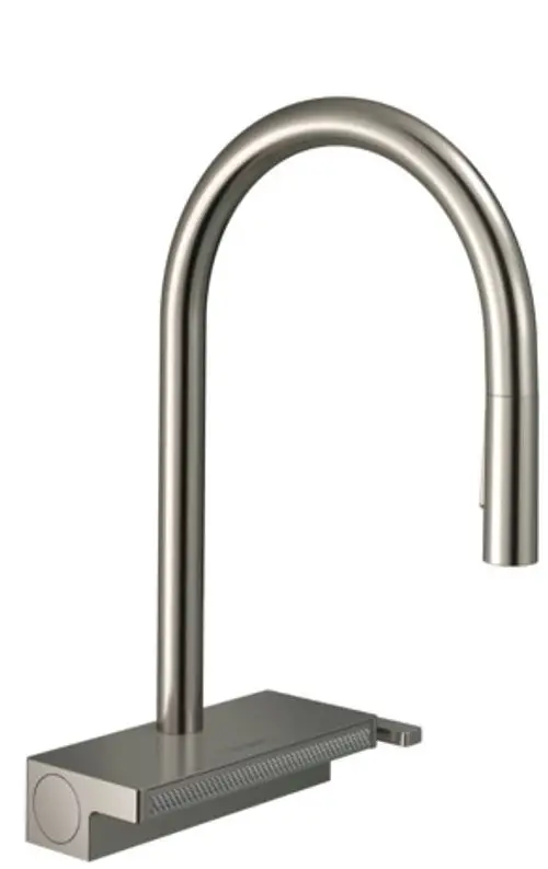 Moderne Mischbatterie mit geschwungenem Auslauf und praktischer Steuerung, aus gebürstetem Edelstahl gefertigt, ideal für stilvolle Kücheneinrichtungen.